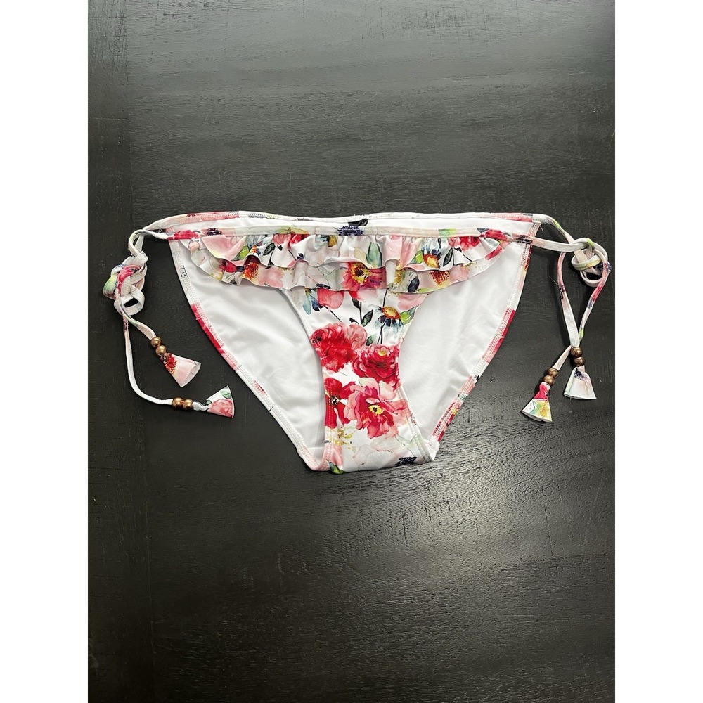 Turquoise‎ Couture Floral Ruffle Side Tie Bikini Bottom White Red Medium NEW